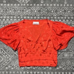 Urban Outfitters Flutter Sleeve Cropped Top Shirt Medium Jacquard Asian Ruffle